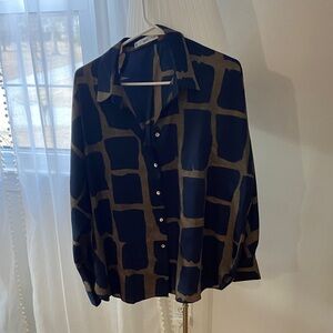 MangoNavy and Brown Geometric Button-Up Shirt